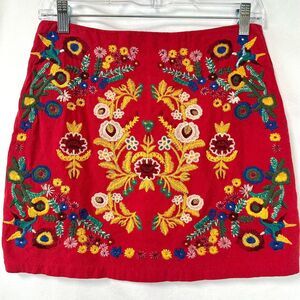 SKETCHBOOK Red Floral Embroidered‎ Mini Skirt Womens S Bohemian Retro 70s Hippie